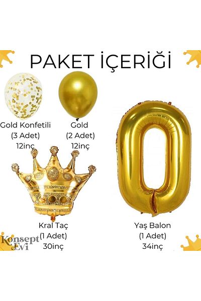 Konsept Sepeti Σετ αριθμών με μπαλόνι με κορώνα γενεθλίων - Χρυσό σετ με μπαλόνι με καραμέλα