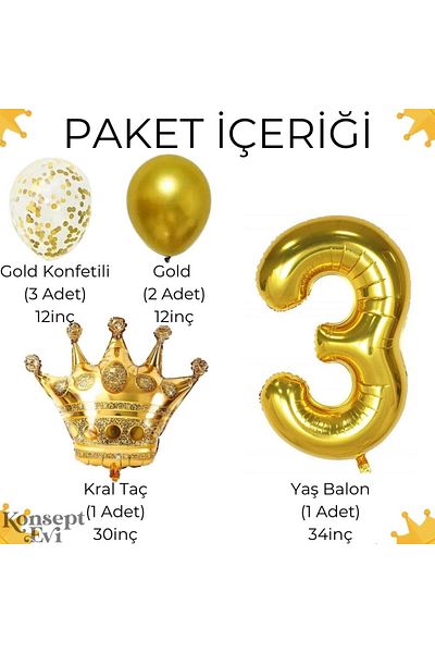 Konsept Sepeti Σετ πάρτι με μπαλόνι με χρυσό κονφέτι King Crown Foil για γενέθλια 3 ετών