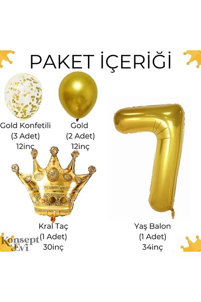 Konsept Sepeti Σετ αριθμών με μπαλόνι με χρυσό κονσέρβα με κορώνα για γενέθλια 7 ετών