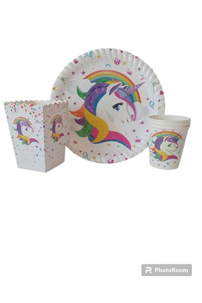 PartAntalya Set de aniversare Unicorn - Farfurie - Pahar - Porumb - Cutie