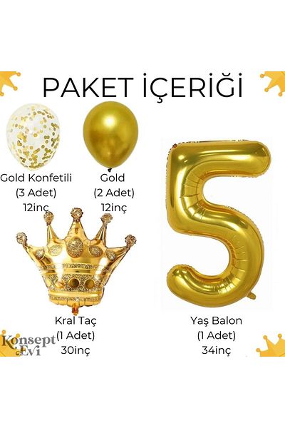 Konsept Sepeti Σετ αριθμών μπαλονιών με χρυσό κονφέτι με κορώνα βασιλιά για γενέθλια 5 ετών