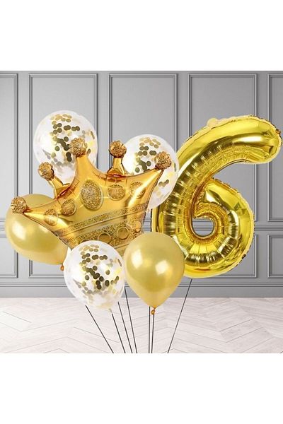 Konsept Sepeti Σετ πάρτι με μπαλόνι με χρυσό κονφέτι King Crown Foil για γενέθλια 6 ετών