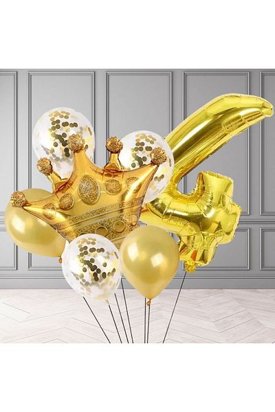 Konsept Sepeti Σετ πάρτι με μπαλόνι με χρυσό κονφέτι King Crown Foil για γενέθλια 4 ετών