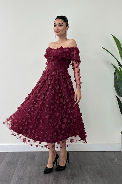 giyimmasalı Μίντι Φόρεμα Boat Neck - Τρισδιάστατο Floral Ύφασμα, Claret Red