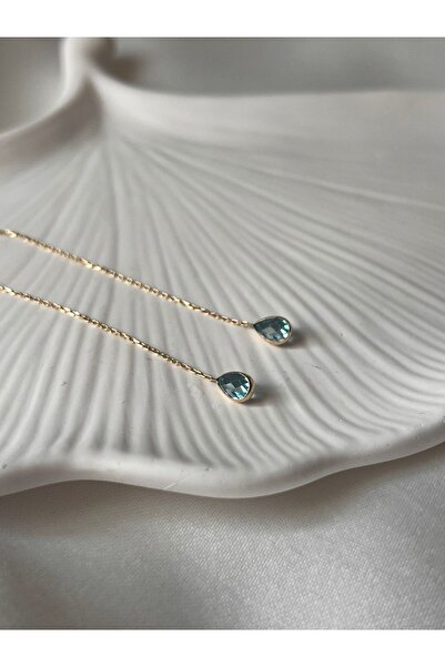 Goldstation 14 Ayar Altın Küpe Damla Taşlı (AQUA)