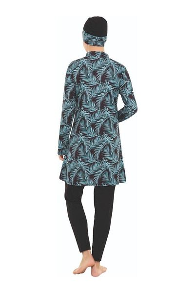 FİT1BEDEN Plus Size Turquoise Palm Patterned Long Sleeve Full Covered Hijab Swimsuit