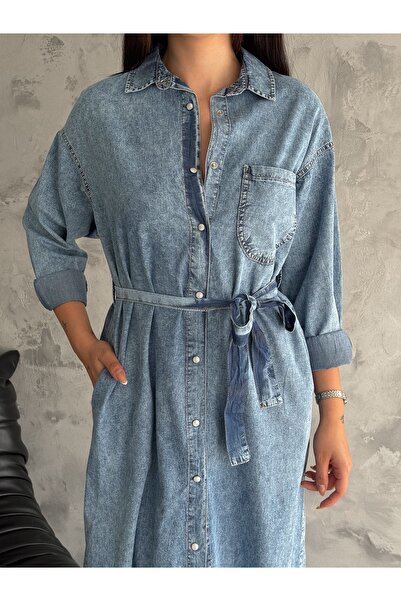 efstyle uzun kol gömlek yakalı çıtçıtlı tek cepli ince denim elbise
