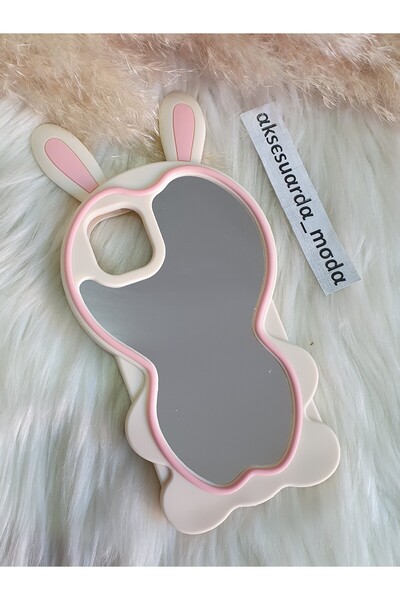 Aksesuarda Moda iPhone 15 UYUMLU TAVŞAN KULAKLI AYNALI SİLİKON HAMUR KILIF