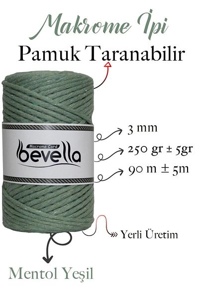 Bevella Macrame Cord Σχοινί Taranan Macrame 3mm Βαμβακερό μονό στριφτό νήμα μακραμέ πράσινο μενθόλη