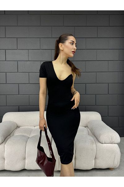 Fav Style Black U-Neck Fitted Short Dress - Single Short Sleeve