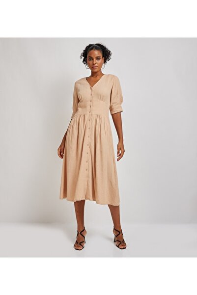 Aeropostale Women's Beige Plain V Neck Dress