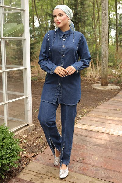 benguen Navy Blue 370-1 Jeans Set - Slit Leg and Stone Detail