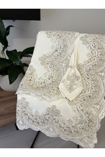 safir home collection Gold Yaprak Masa Örtüsü 12 Kişilik Linen Kumas Krem Sofra Takımı