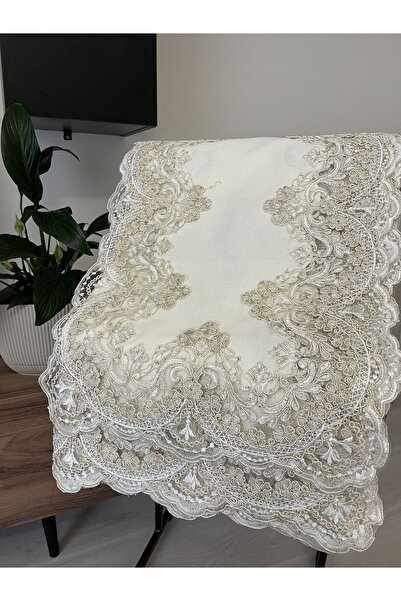 safir home collection Gold Yaprak Masa Örtüsü 12 Kişilik Linen Kumas Krem Sofra Takımı
