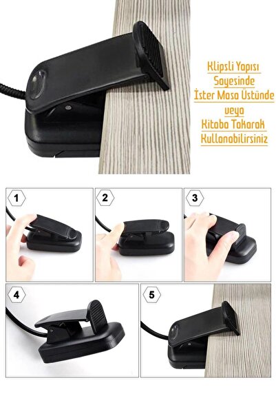 Telvesse Ledli Klipsli Mini Kitap Okuma Lambası Mandallı Pille Çalışan Işık Masa Lambası Kitap Okuma Işığı