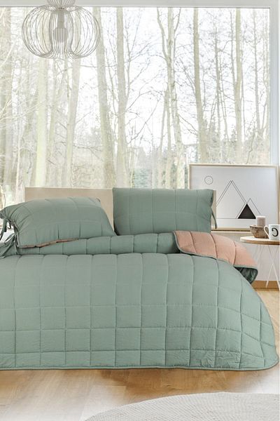 Bayev Κάλυμμα διπλού κρεβατιού Aqua Green - Σετ διπλής όψης κέντημα Micro Fabric Square