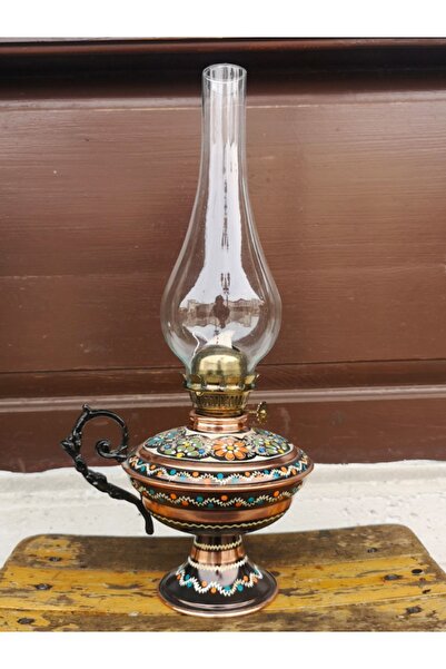 COPPERMALL Bakır Gaz Lambası EL Yapımı Erzincan İşi Renkli Çiçek Desenli Masa...