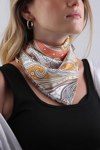 La Pescara White - Orange Shawl Pattern Scarf Bandana 55-55 cm KDNF17