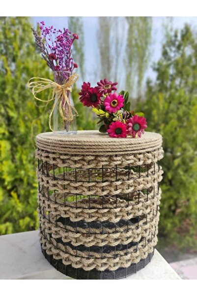 DİLAY HOME DESIGN Dekoratif Jüt Hasır Metal Tel Örgülü Sepet Vazo Sehpa