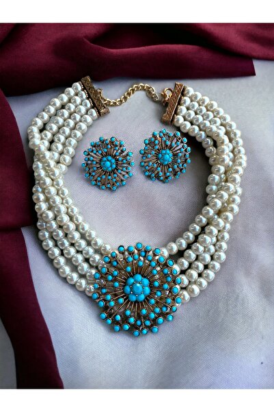 HMNL Turkuaz Taşlı Dandelion İnci Kolye ve Küpe Seti