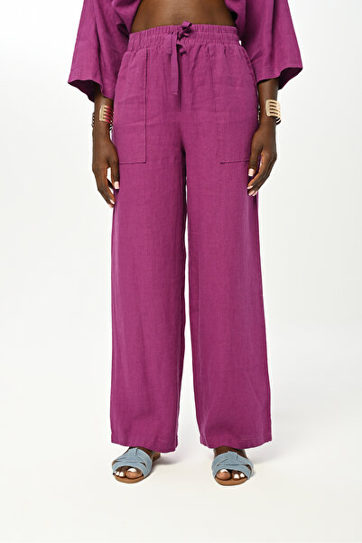 Orfeo Negro Women's - Straight Linen Trousers, Wide Leg and Elastic Waist