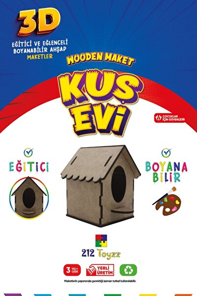 212toyzz 3D Boyanabilir Ahşap Kuş Evi - Çocuklar İçin Eğitici ve Doğa Dostu O...