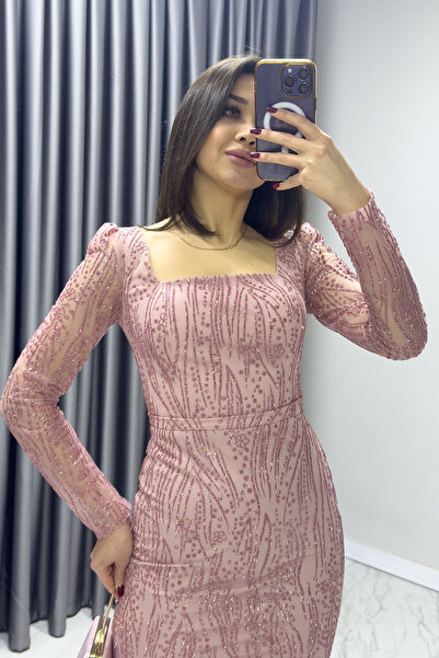 Elbise Delisi Kadın Kare Yaka Simli Uzun Kol Midi Abiye Elbise Gold, Yeşil, Siyah, Mavi, Pudra, Bordo, Beyaz