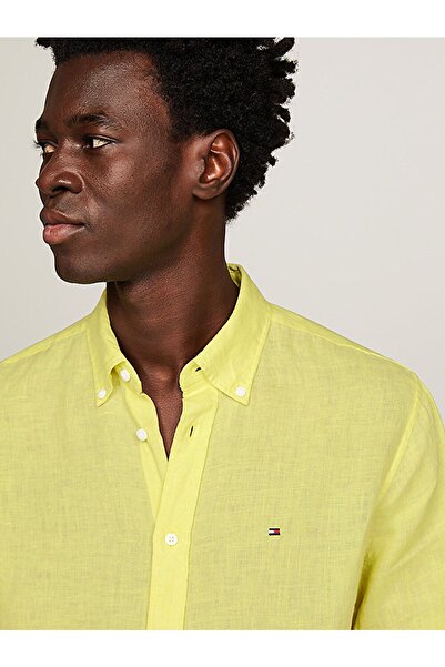 Tommy Hilfiger Erkek Marka Logolu Düğmeli Uzun Kollu Sarı Gömlek MW0MW34602-ZIN