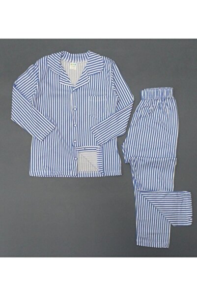 BEKA Pijama cu dungi albastre din bumbac pieptănat cu nasturi în față pentru băiat