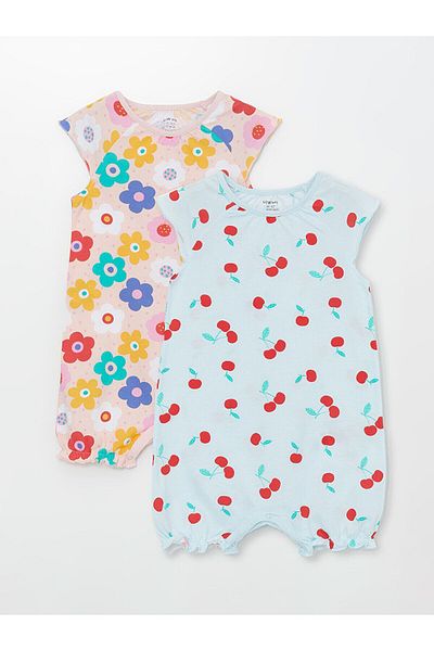 LC Waikiki LCW Floral Print Crew Neck Short Sleeve Jumpsuit for Baby Girl Set of 2