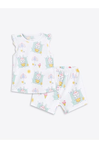 LC Waikiki LCW Baby - طقم بيجامة مع شورت مطبوع برقبة دائرية للفتيات الصغيرات