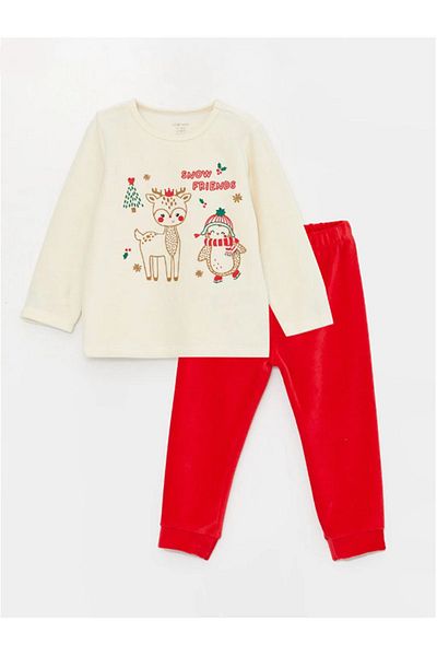 LC Waikiki LCW baby New Year Themed Long Sleeve Velvet Baby Girl Pajama Set