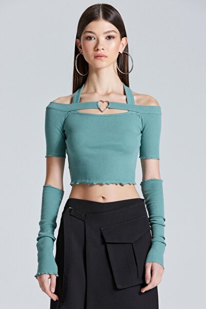 boutiquen 2446 Ring Heart Detailed Off-Shoulder Ruffle Mint Crop