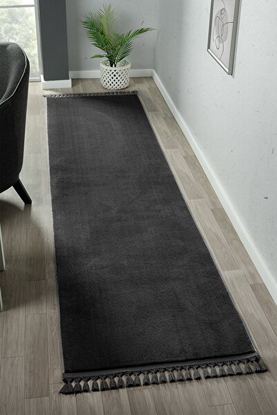 LİNOS HOME Puffy Antrasit Saçaklı Peluş Yolluk Yumuşacık Yıkanabilir Kaymaz T...