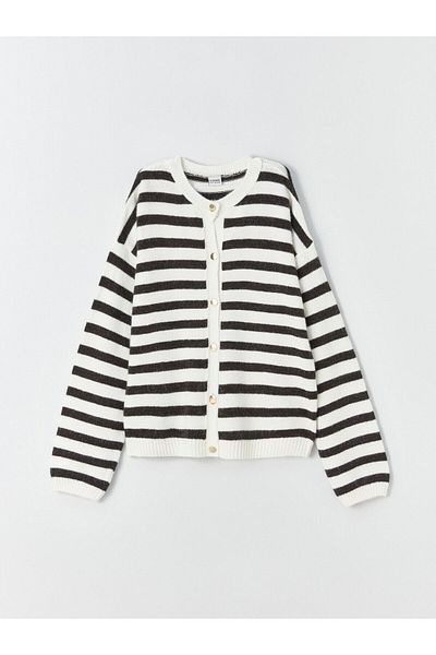 LC Waikiki Crew Neck Striped Long Sleeve Girl's Knitwear Cardigan