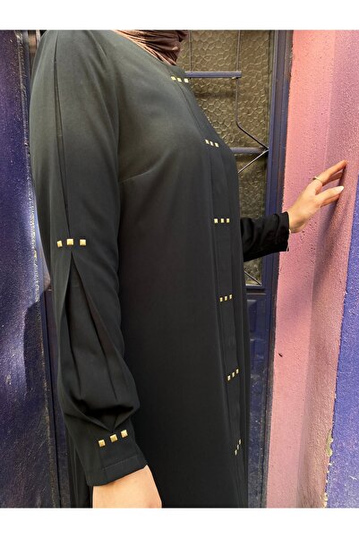 JALİA Battal Square Stone Detailed Arm a Pile Placket Buttoned Ferace-6026