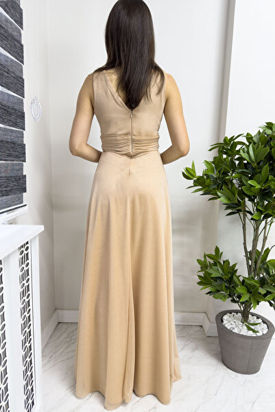 zks grup tekstil Rochie de seara de dama Saks albastru si verde smarald - Detaliu transparent, maneca zero