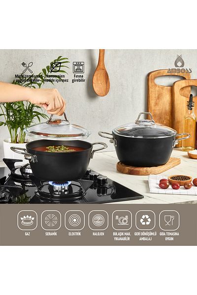 JUSTANDSHOP Amboss Dark Deep Pot with Glass Lid Fireproof Non-Stick Titanium Coating - 22 cm