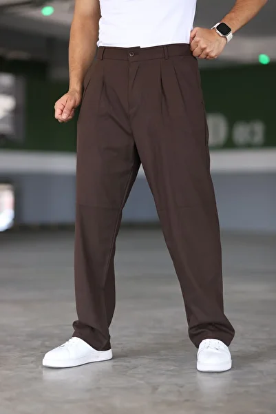 Mamlay Brown Baggy Pants - Double Pleated, Elastic Waist, Comfortable Fit, Wide Leg