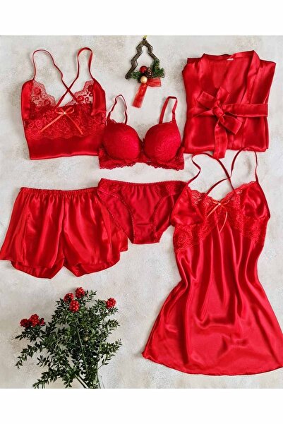 Çeyize dair herşey Kırmızı saten 6 lı çeyiz seti 6571