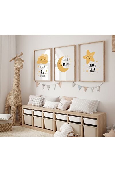 woodhomeworks Ahşap Çerçeveli Bebek, Çocuk Odası 3 Lü Tablo set