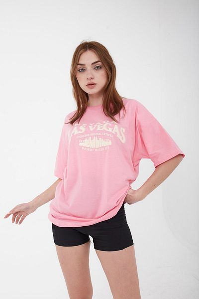 Mad&Calf Λας Βέγκας εμπριμέ Unisex Oversize ροζ μπλουζάκι