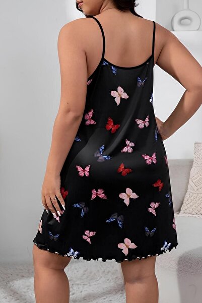 Yeni Nesil Toptancı - YNT Siyah Büyük Beden Kelebek Desenli Gecelik Şık ve Rahat