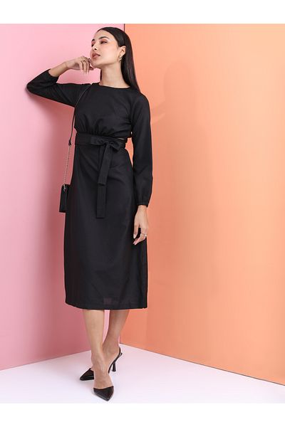 Tokyo Talkies By Styli Solid Cut-Out Waist Midi Dress with Belt