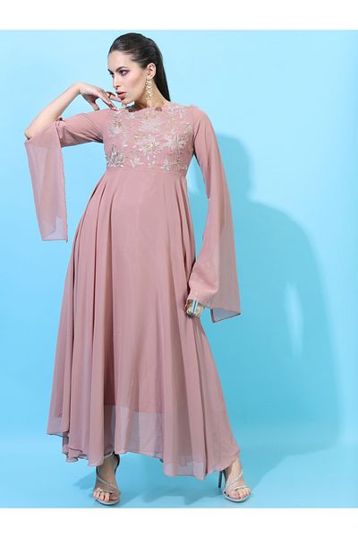 Vishudh By Styli Embroidery Detail A-Line Maxi Dress with Slit Sleeves