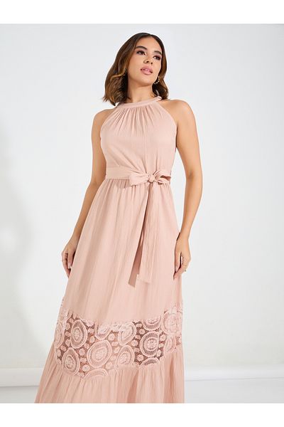 Styli Floral Lacer Cut Maxi Dress with Tie Belt