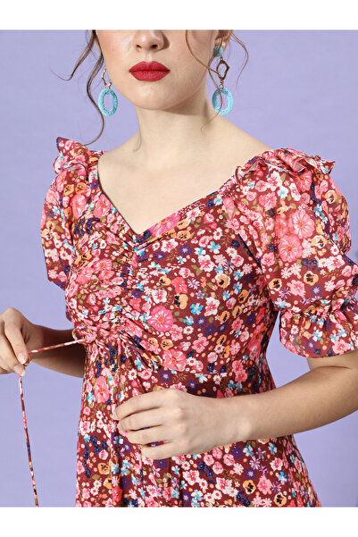 Miss Chase By Styli Ruched Floral Print Maxi Dress with Puffed Sleeves