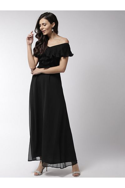 Mish By Styli Off Shoulder Neck Plisse Detail Georgette Maxi Dress