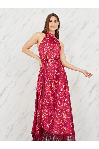Styli Ikat Print Halter Neck Wrap Style Maxi Dress with Tassel Detail