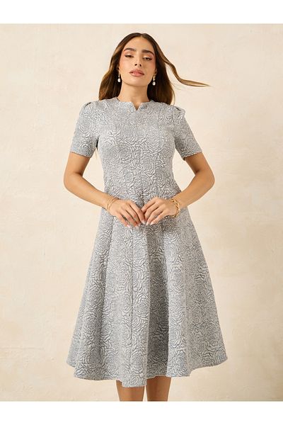 Styli Jacquard Notch Neck A-Line Midi Dress
